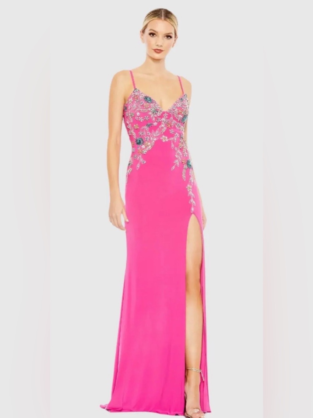 NWT Size 2 Mac Duggal Pink Multi Color Beaded Floral Cami Evening Gown